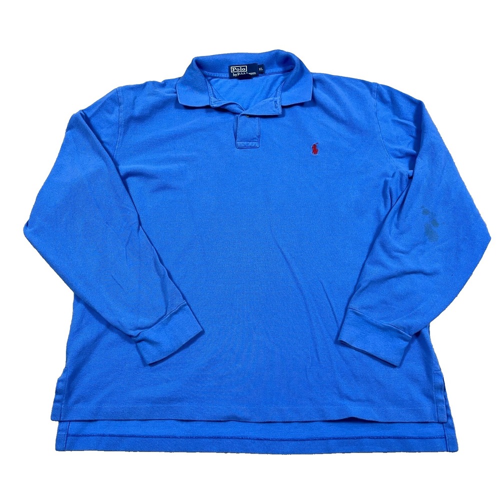Polo Ralph Lauren Rugby Shirt Men XL Blue Long Sleeve Polo Mesh VTG Y2K STAIN*